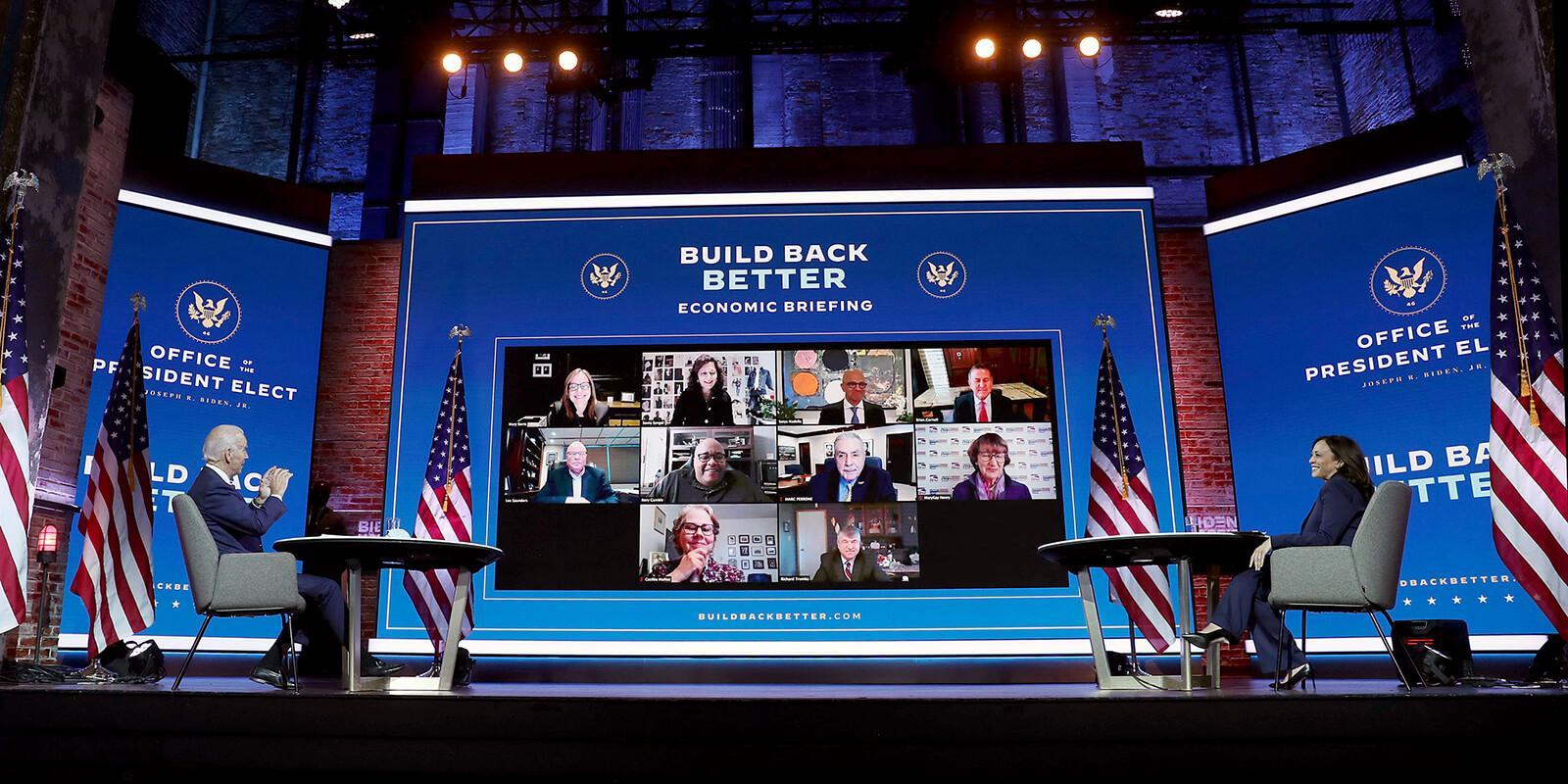 U.S. President-elect Joe Biden and Vice President-elect Kamala Harris receive a briefing on the economy in a Zoom meeting with union and business leaders in Wilmington, Delaware. (Photo by Joe Raedle/Getty Images)